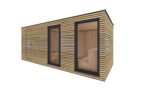 Vonkajšia sauna do záhrady s rozmermi 4x2,5 m a skladom s rozmermi 2x2,5 m