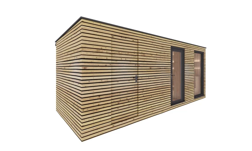 Vonkajšia sauna do záhrady s rozmermi 4x2,5 m a skladom s rozmermi 2x2,5 m